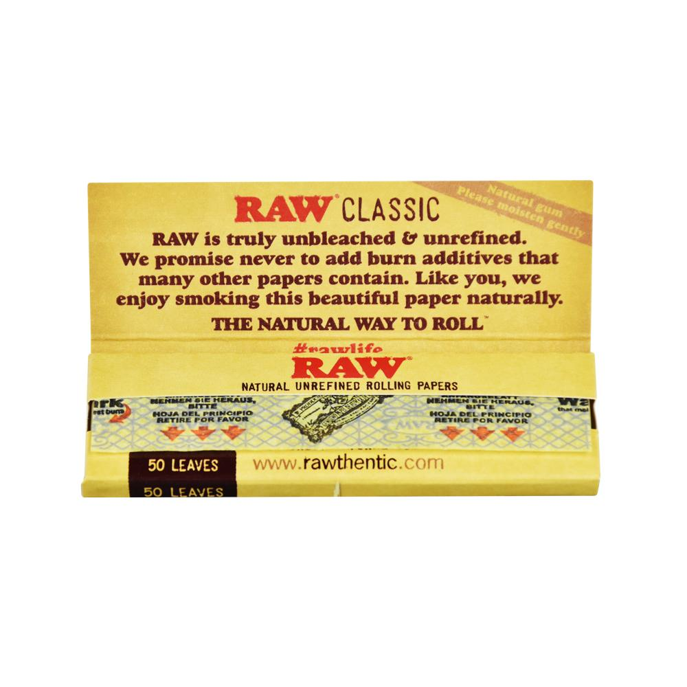RAW Classic 1¼ inch opened booklet detail; 50 papers per booklet