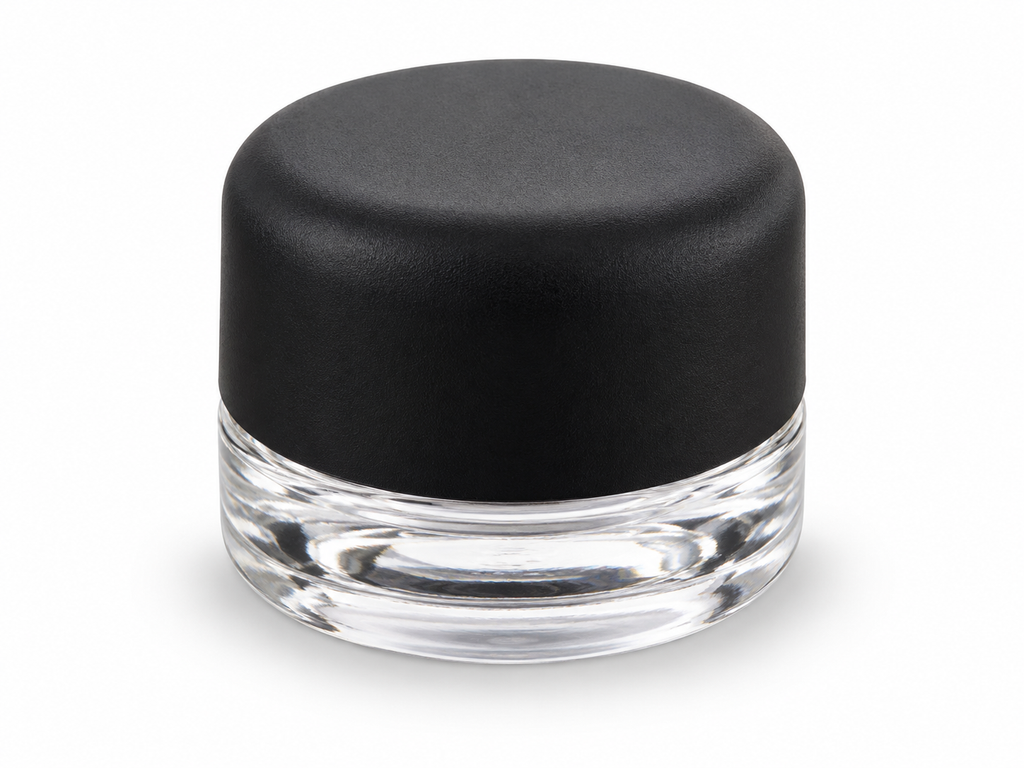 RD-5ML clear round storage jar with black lid closed on white background