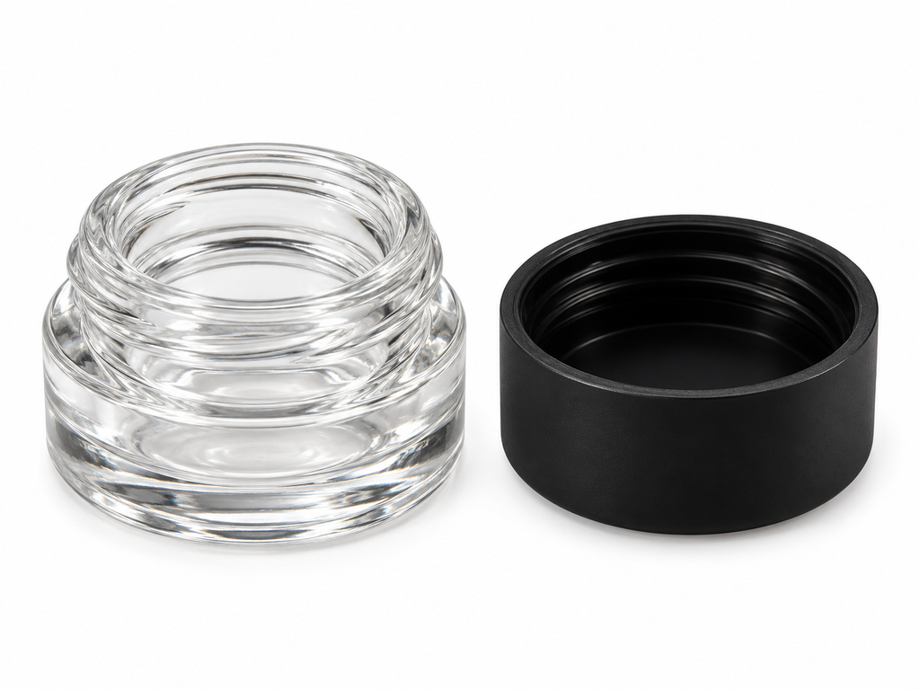 RD-5ML empty clear round storage jar with black screw lid removed on white background
