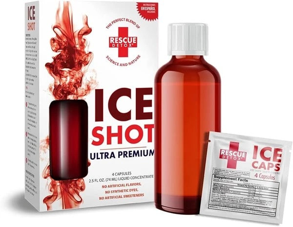 Rescue Detox ICE Shot Ultra Premium retail box, 2.5 fl oz concentrate and four capsules