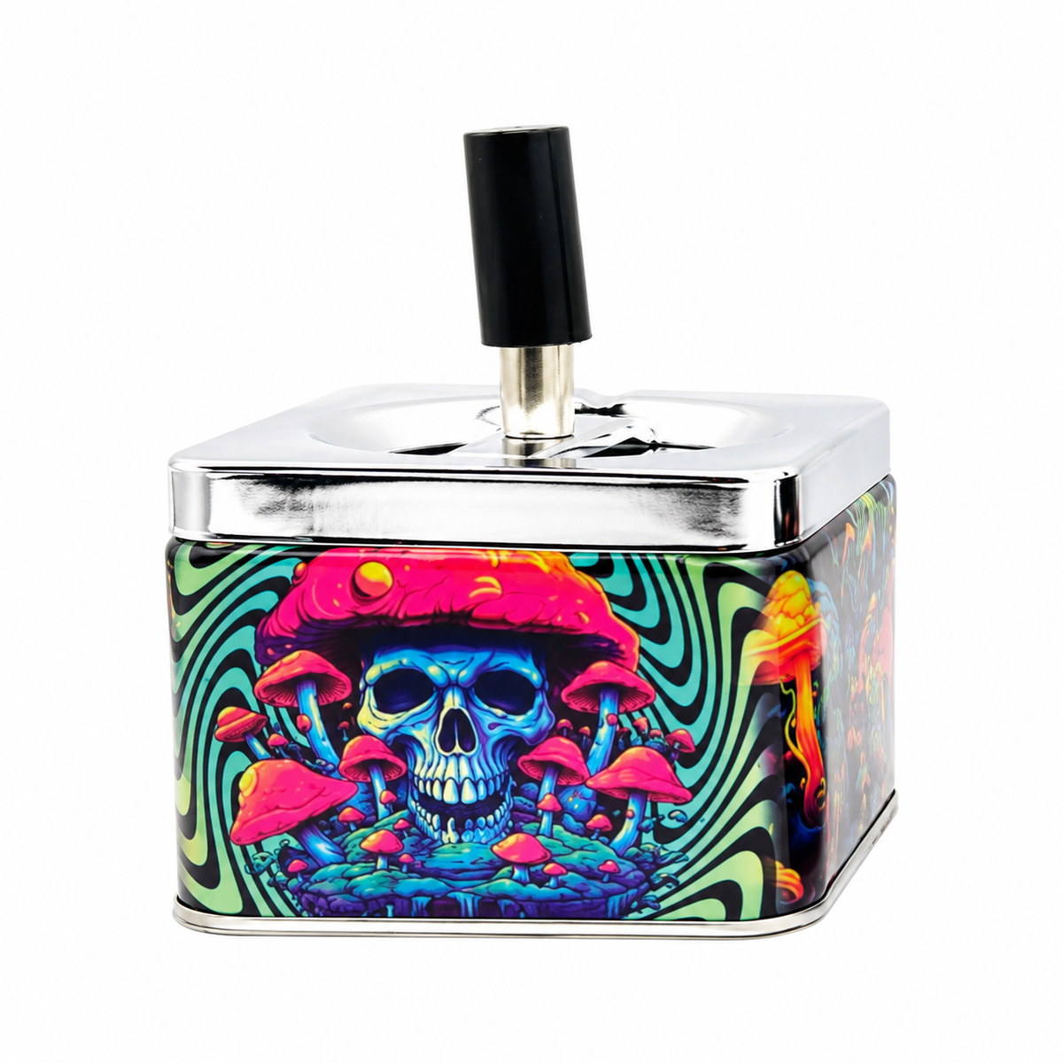 Smokezilla Mushroom Skull square push-top ashtray, edited supplier photo on white background