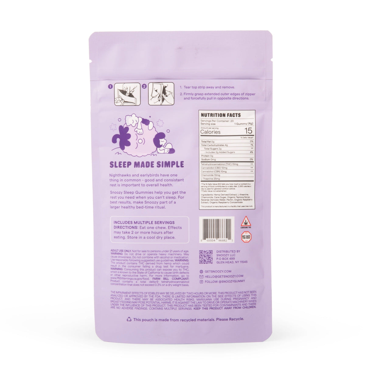 Snoozy Sleep With Benefits Extra Strength Raspberry 20 count back label on white