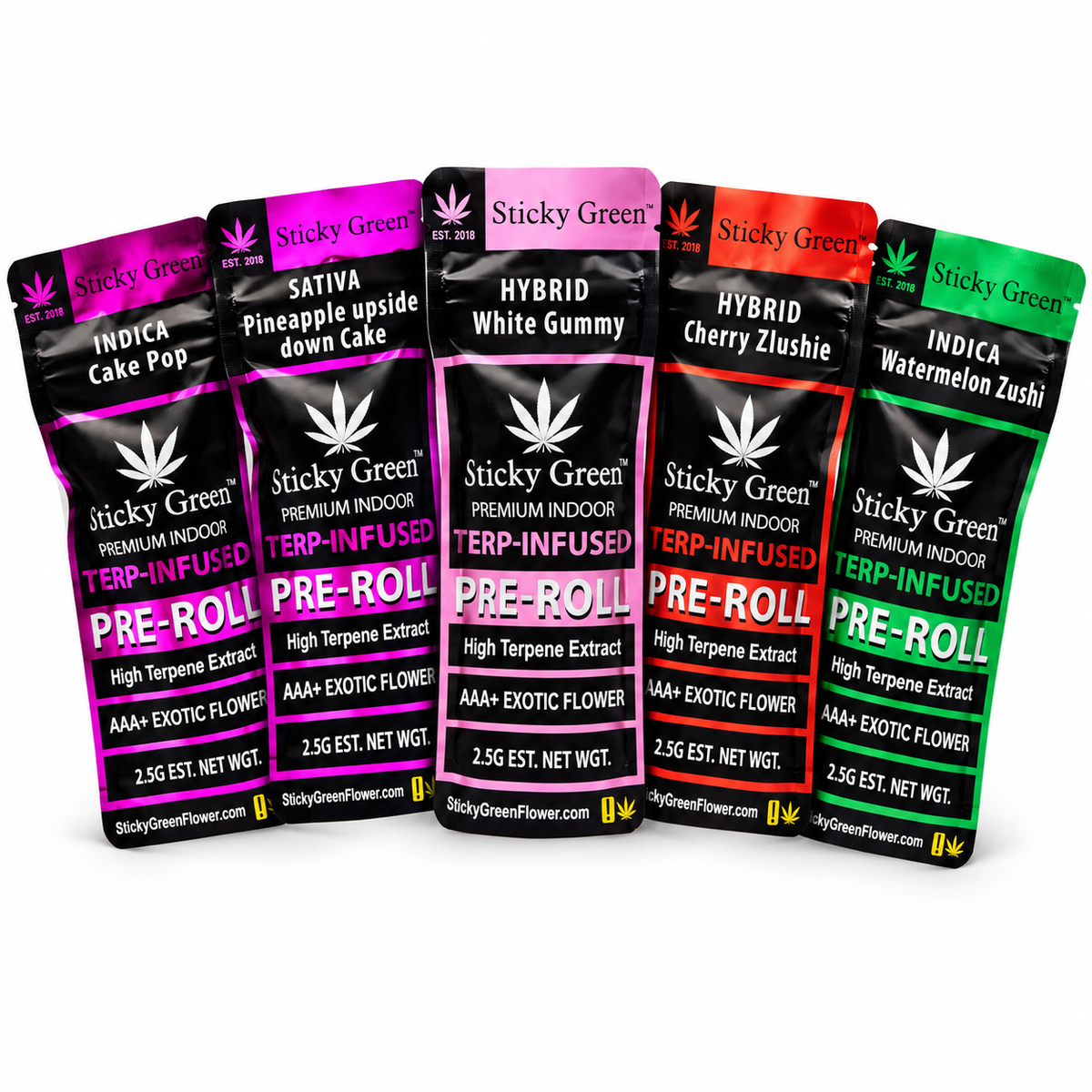 Sticky Green Terp-Infused Pre-Rolls — Cake Pop, Pineapple Upside Down Cake, White Gummy, Cherry Zlushie and Watermelon Zushi in a fanned display