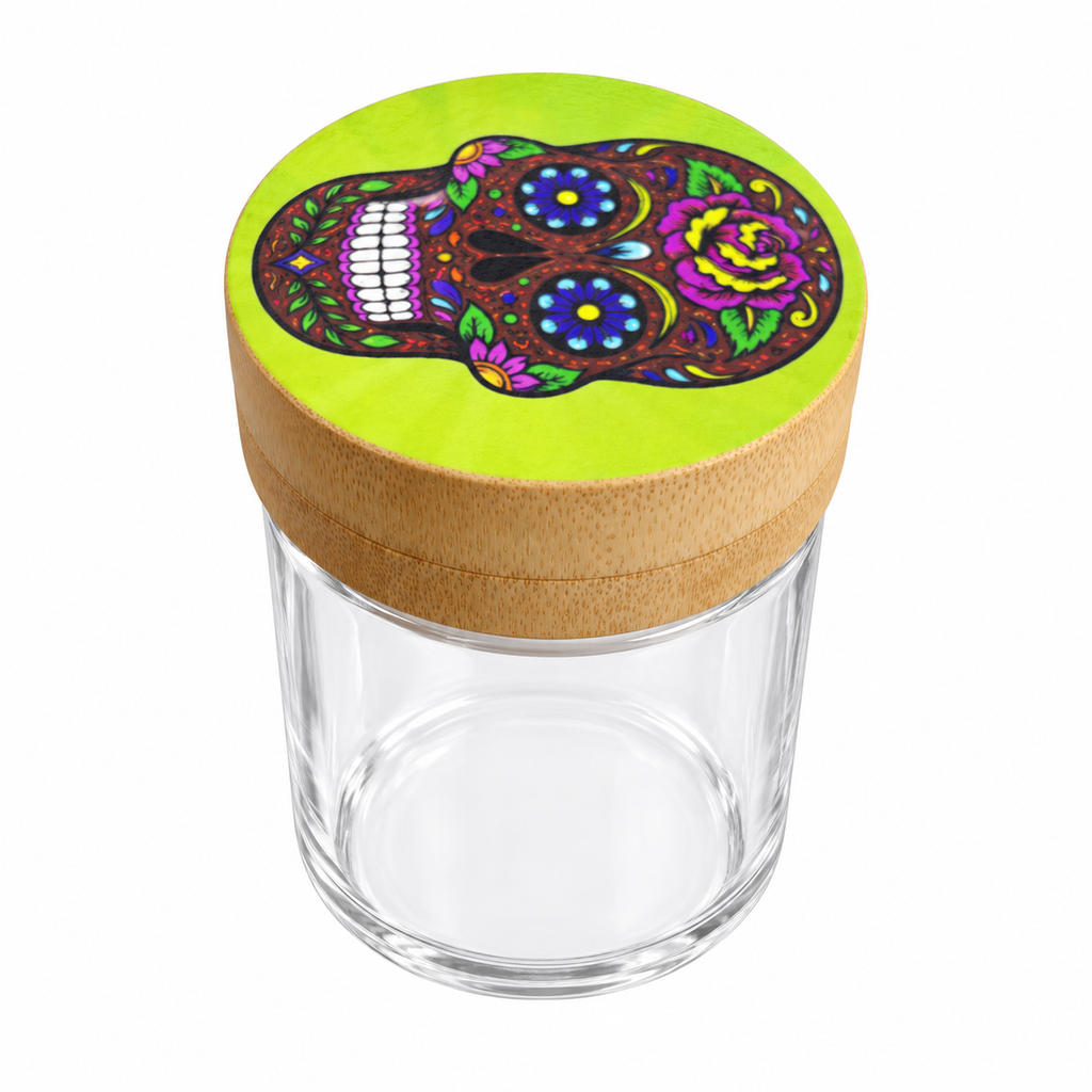 Green Sugar Skull clear storage jar with grinder lid, digitally edited actual product photo on white background