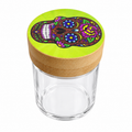 Green Sugar Skull clear storage jar with grinder lid, digitally edited actual product photo on white background
