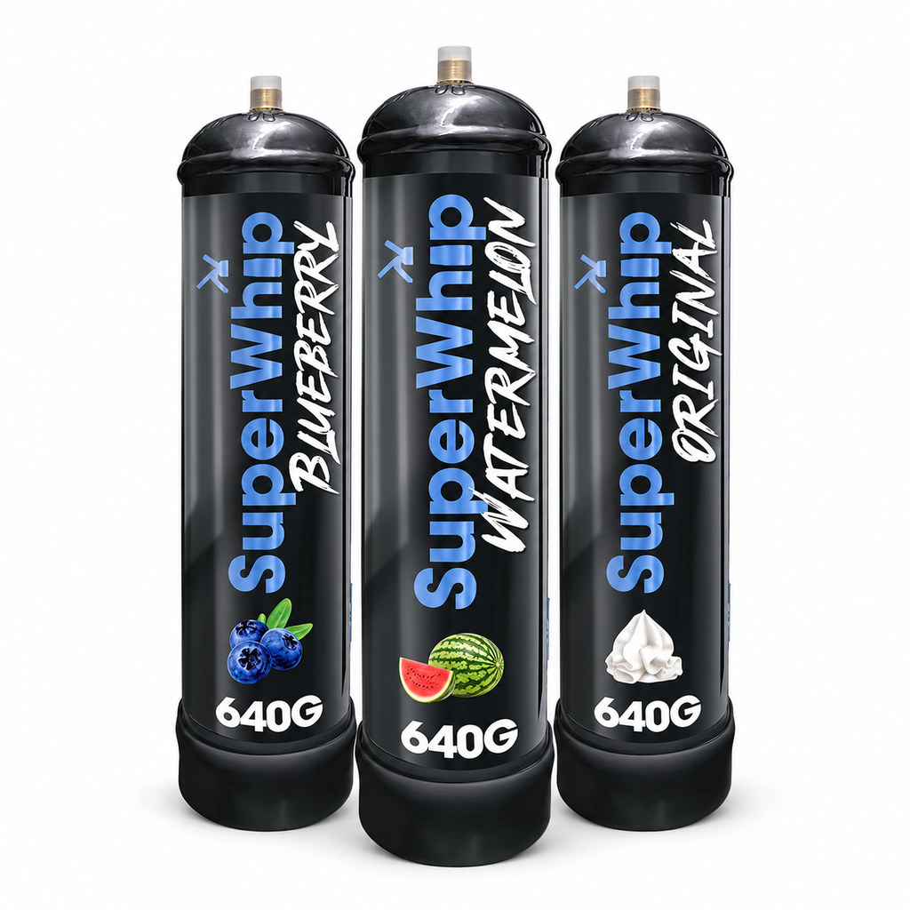 Super Whip 640g cream charger tanks in Watermelon, Blueberry and Original flavors