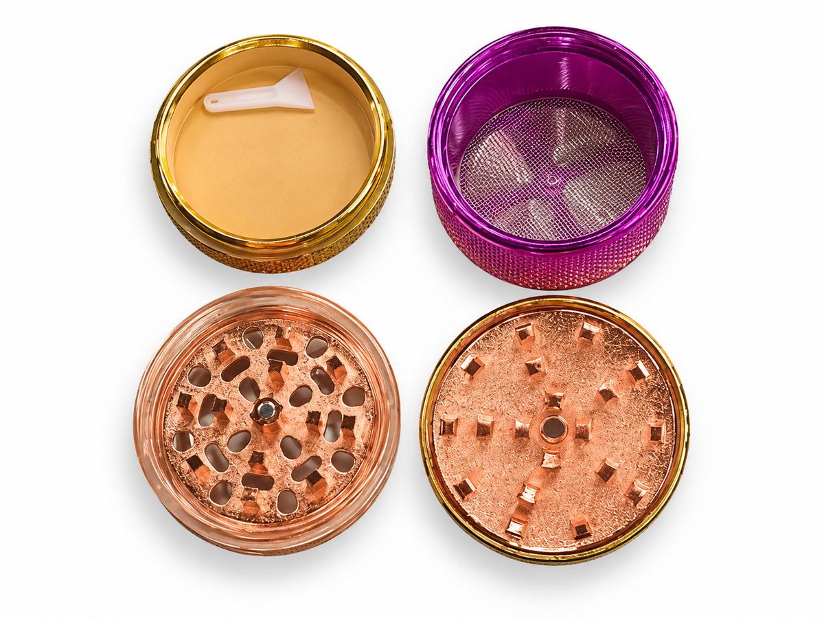 Pink textured rainbow grinder separated into four pieces showing teeth, clear band, screen and scraper