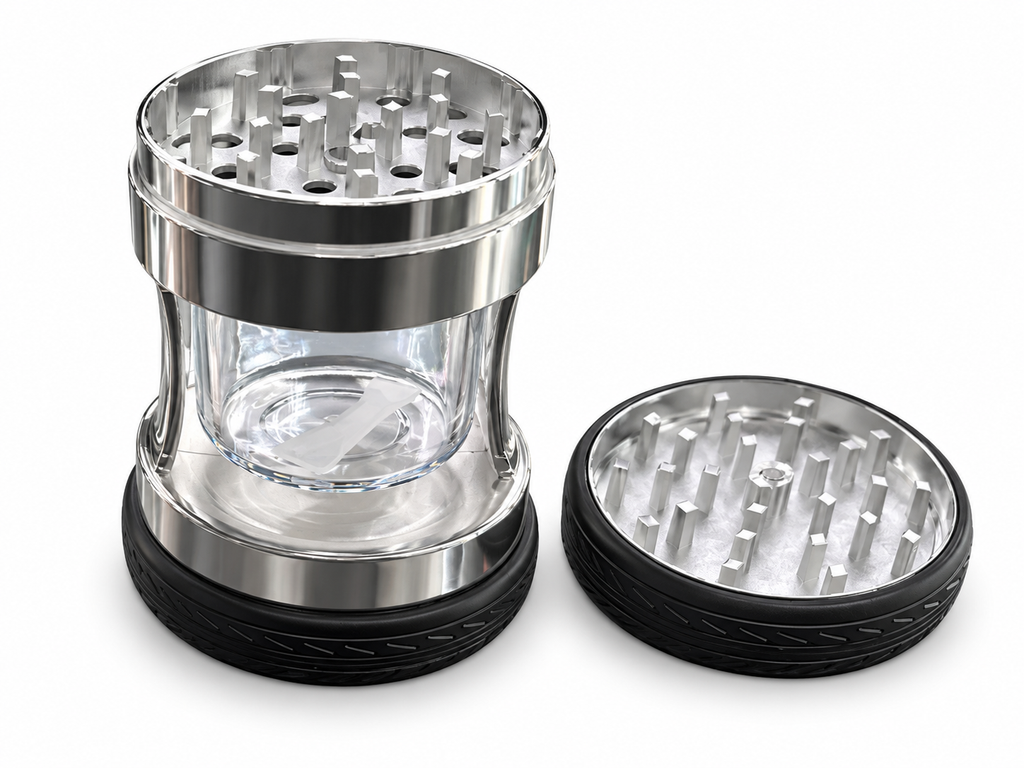 Silver tire-style herb grinder opened to show grinding teeth and clear storage chamber