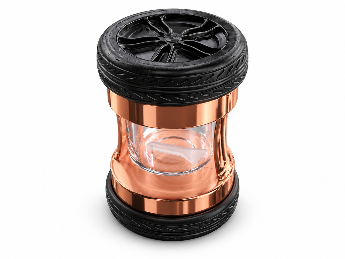Tire-style herb grinder in Rose Gold with clear storage chamber