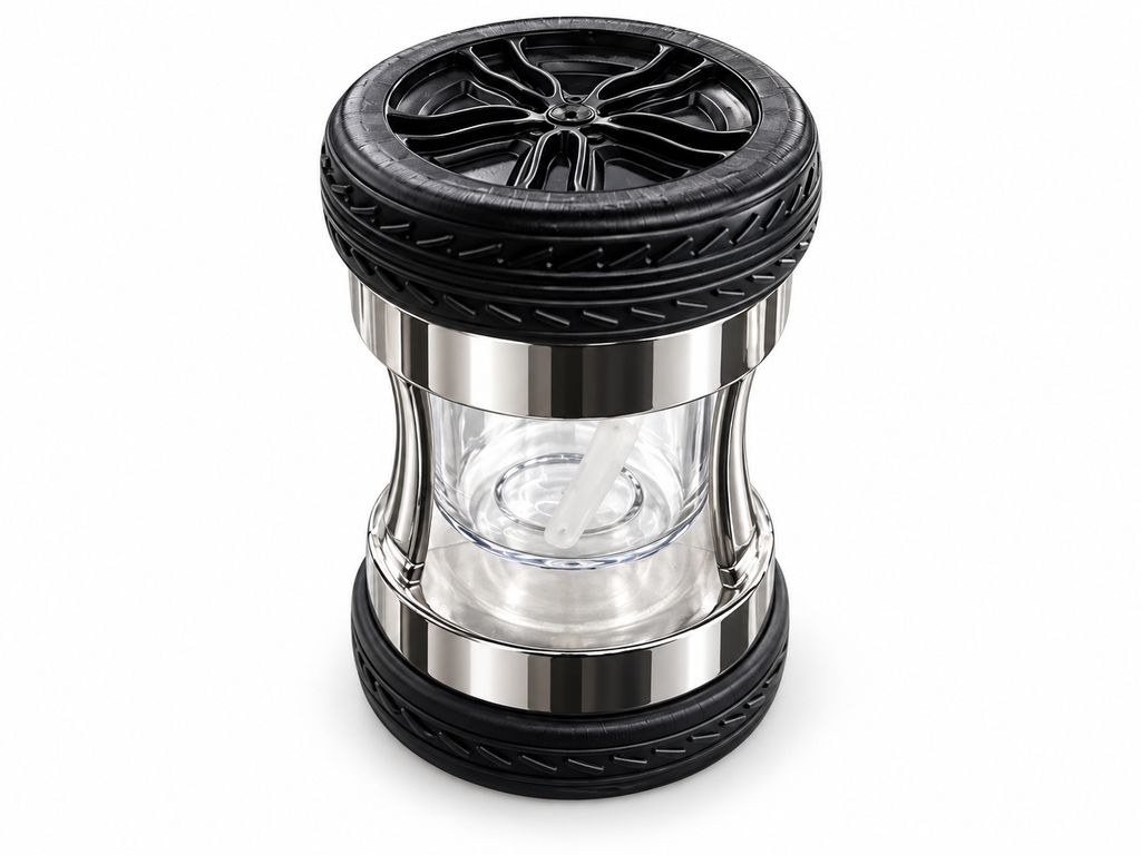 Tire-style herb grinder in Silver with clear storage chamber