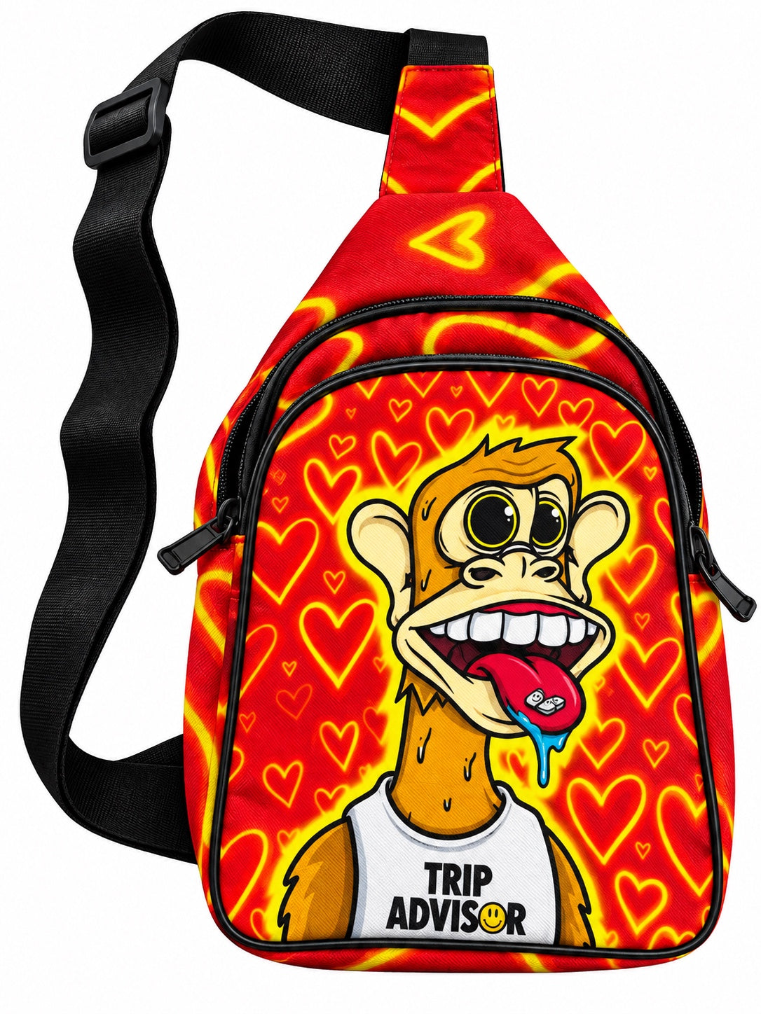 Red and yellow heart-pattern sling bag with Trip Advisor cartoon monkey artwork and adjustable black strap on a white background