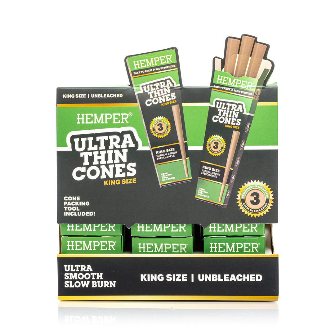 Hemper 3PK King Size Pre-Rolled Cones | Unbleached Paper - 24ct Display
