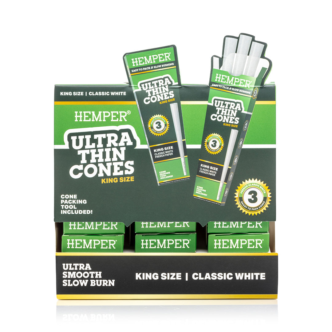 Hemper 3PK King Size Pre-Rolled Cones | French White Paper - 24ct Display