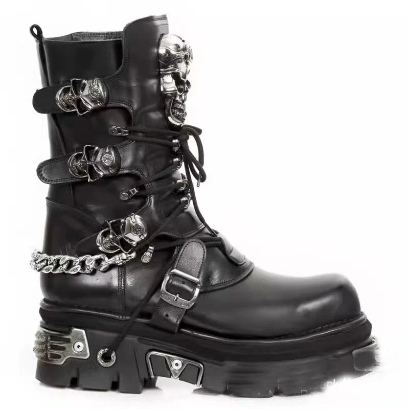 Black Gothic Skull & Chain Leather Combat Boots