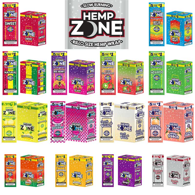 Hemp Zone Rillo Size wraps - retail pouches and display packaging, flavor lineup