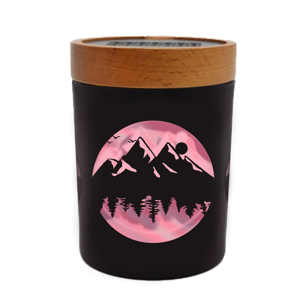 V Syndicate High Elevation Pink SoleStash mountain and forest design with wooden grinder lid on white background