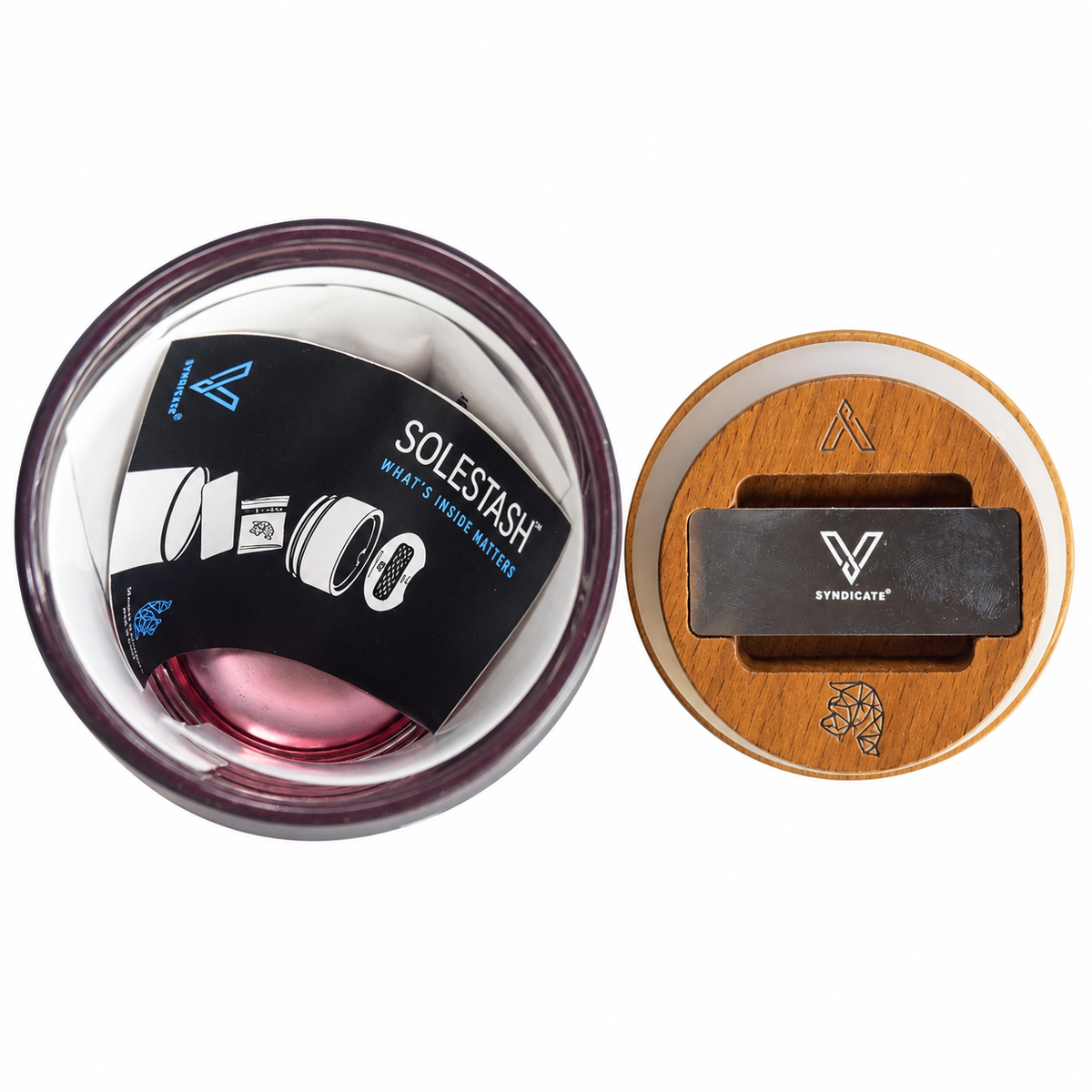 Opened V Syndicate SoleStash jar with wooden lid and accessories, digitally edited actual product photo on white background